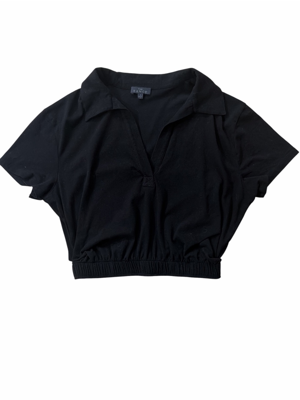 The Range Black Sueded Jersey Bubble Cropped Polo Top